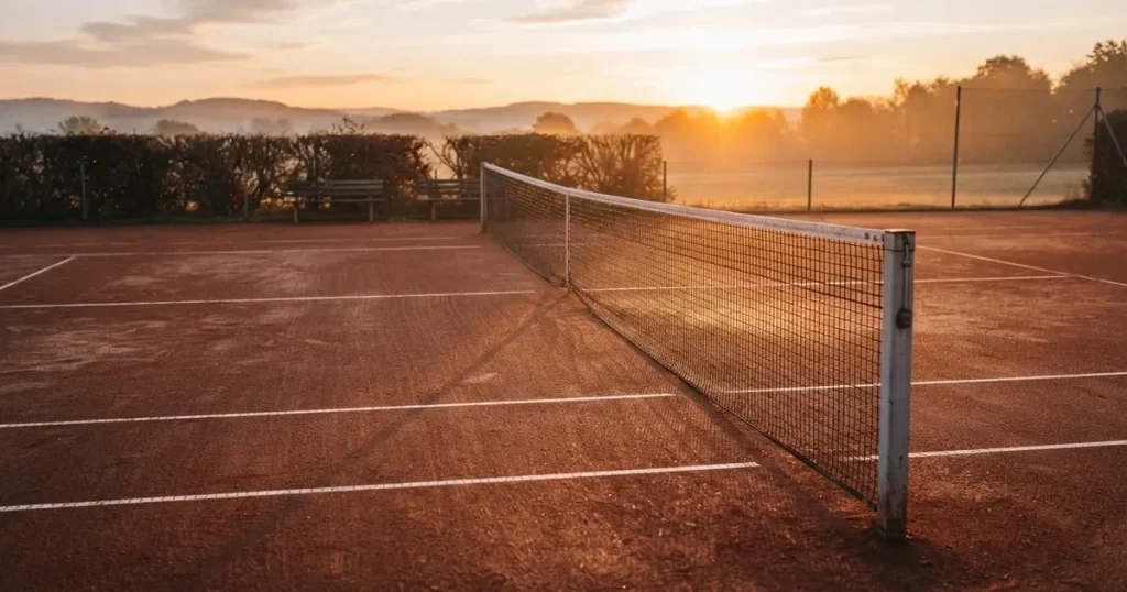 Ein Tennisplatz bei Sonnenaufgang mit gespanntem Netz und feuchtem Sandbelag, niemand steht auf dem Platz.