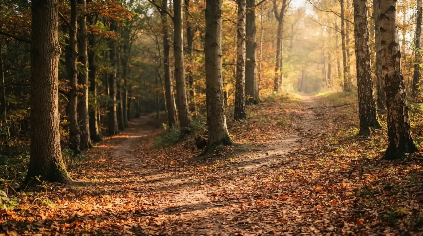 Eine Wegkreuzung im Wald, an der sich zwei Pfade im Herbstlicht gabeln, Laub bedeckt den Boden.