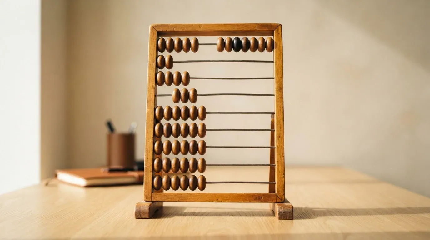 Ein Abakus aus Holz steht auf einem Schreibtisch, einige Perlen sind nach links geschoben, Seitenlicht fällt darauf.