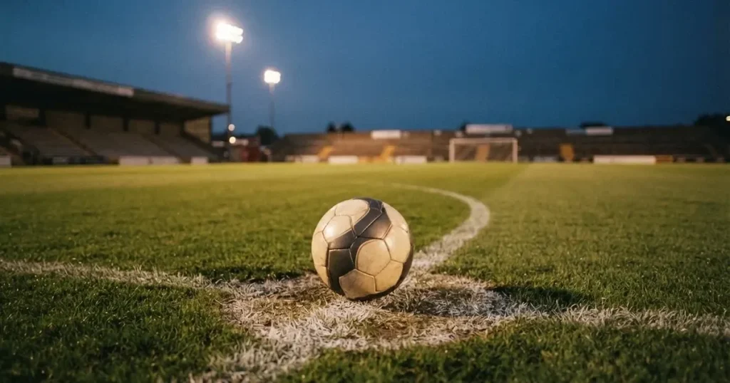 Ein Fussball liegt auf dem Anstosspunkt eines leeren Rasenplatzes, im Hintergrund glimmen Flutlichtmasten im Abendlicht.