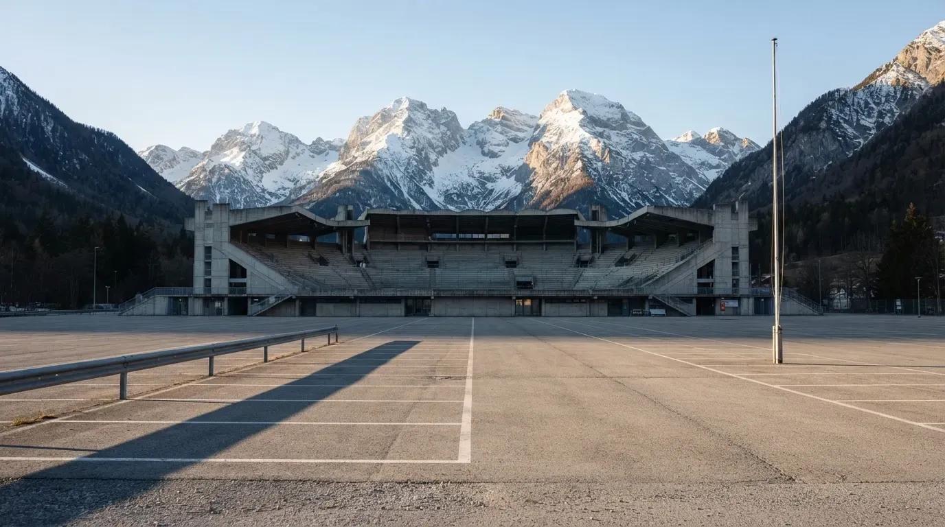 Hinter einem leeren Stadion ragen verschneite Berggipfel in den klaren Morgenhimmel, davor ein Parkplatz im ersten Sonnenlicht.