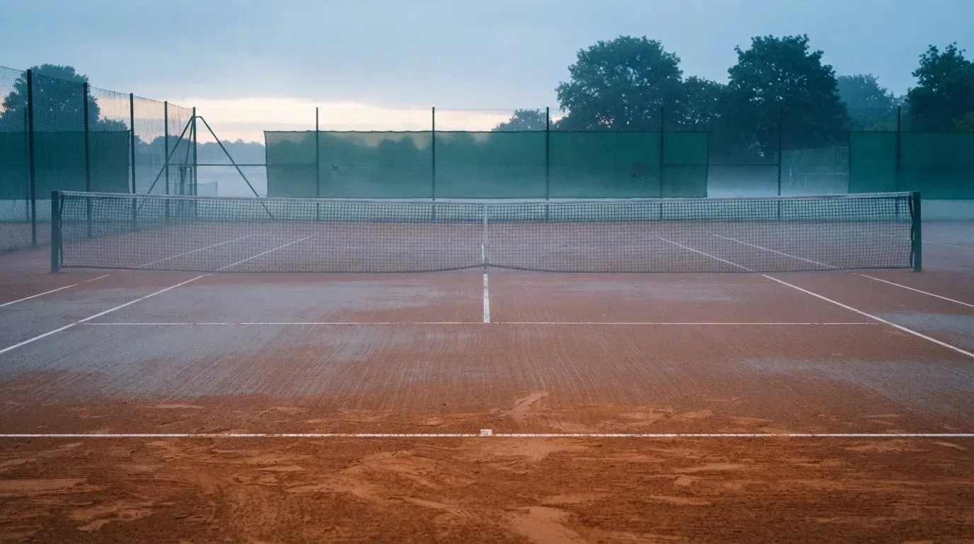 Ein Tennisplatz aus Sand liegt im Morgengrauen still da, Nebel hängt über der Grundlinie und dem aufgespannten Netz.