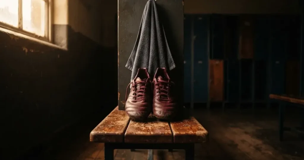 Ein Paar Fussballschuhe steht auf einer Holzbank in einer leeren Umkleide, über der Bank hängt ein Handtuch.