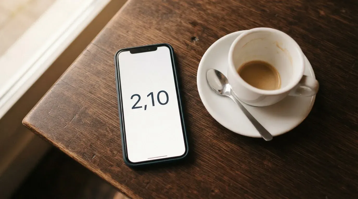 Ein Smartphone liegt mit der Rückseite nach oben auf einem Kaffeehaustisch neben einer Tasse und einem Löffel.