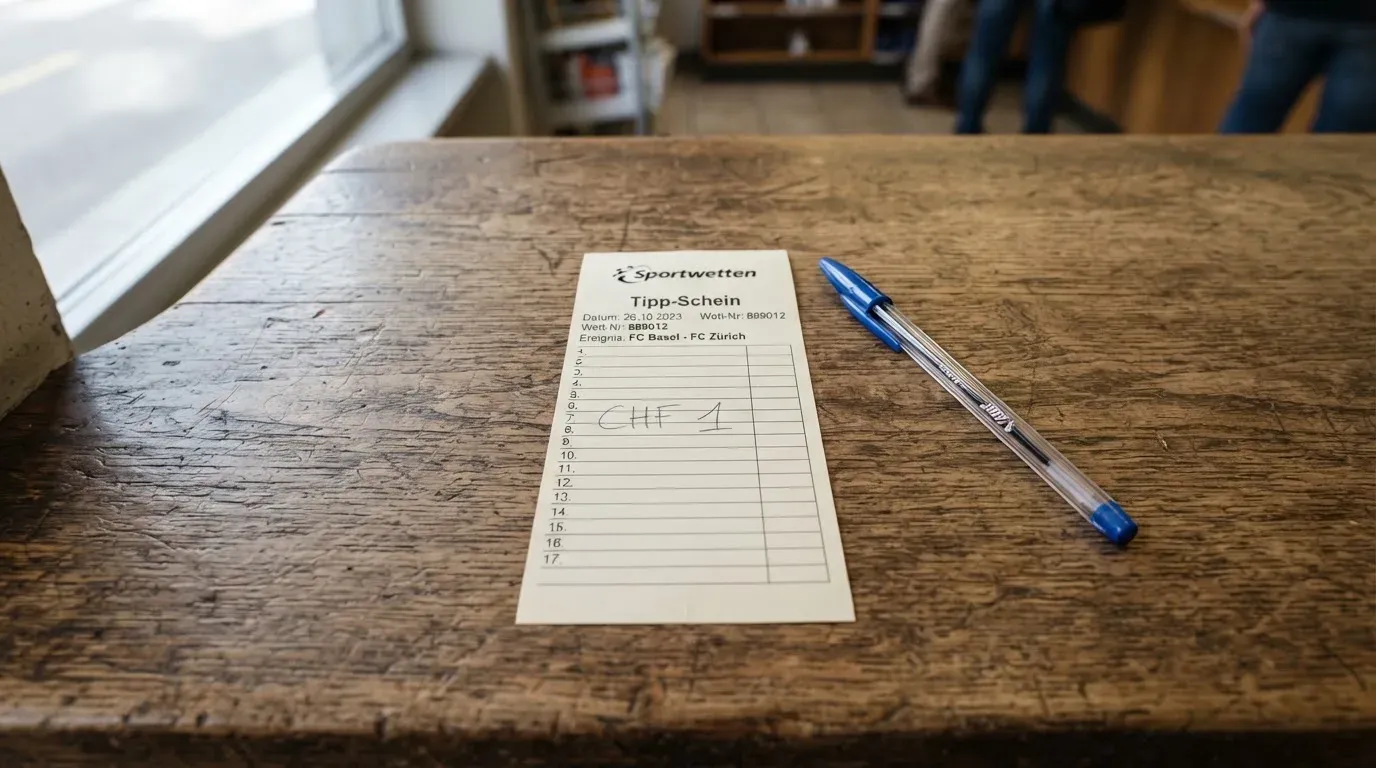 Ein unbeschriebener Papierwettschein und ein Kugelschreiber liegen auf einer hölzernen Ladentheke im Tageslicht.