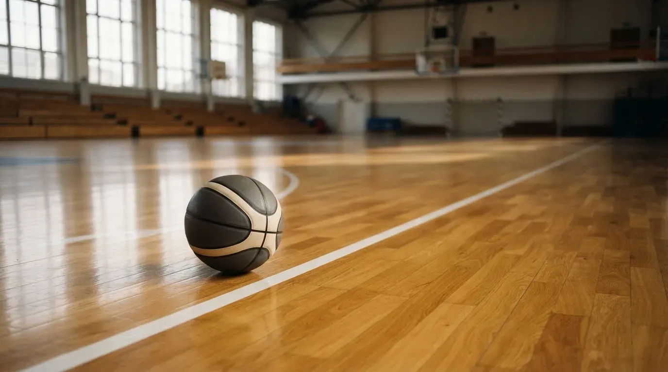Ein Basketball ruht auf dem Parkett einer leeren Sporthalle, durch hohe Fenster fällt Tageslicht.