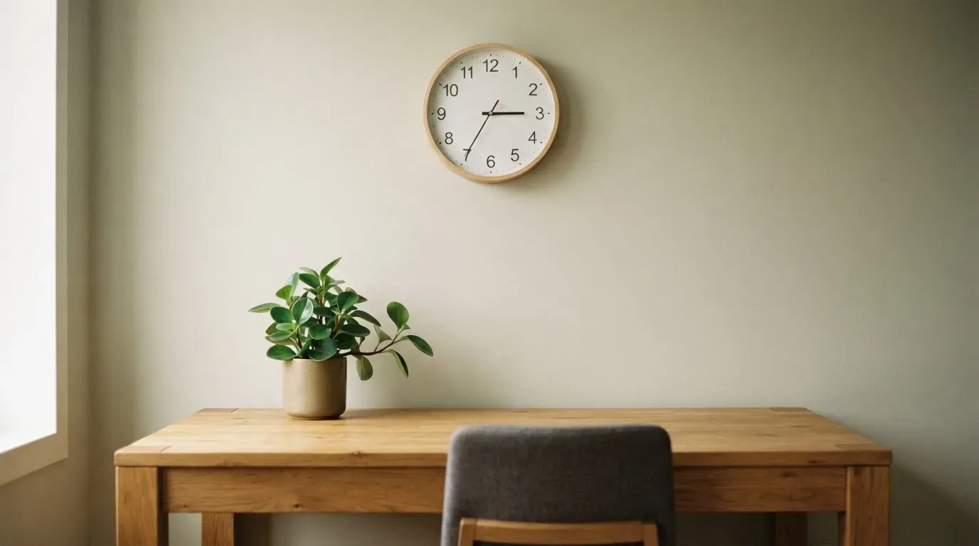 Eine Wanduhr hängt in einem ruhigen Büro, davor ein aufgeräumter Tisch mit einer Pflanze.