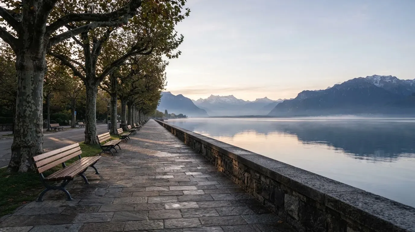 Eine Uferpromenade an einem Schweizer See liegt am frühen Morgen leer da, am anderen Ufer ragen Berge auf.