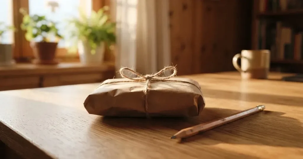 Ein kleines, mit Schnur verschnürtes Päckchen liegt auf einem Holztisch neben einem Bleistift.