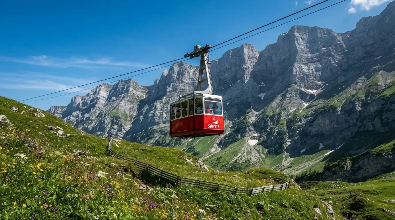 Eine Seilbahnkabine schwebt über einer Alpwiese, im Hintergrund zeichnen sich Felswände ab.