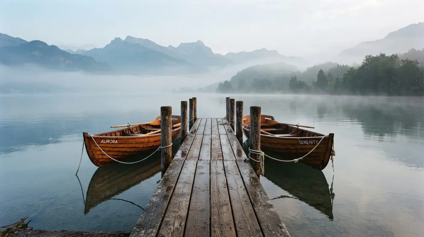 Ruderboote liegen am hölzernen Steg eines Sees, über dem Wasser hängt feiner Morgendunst.
