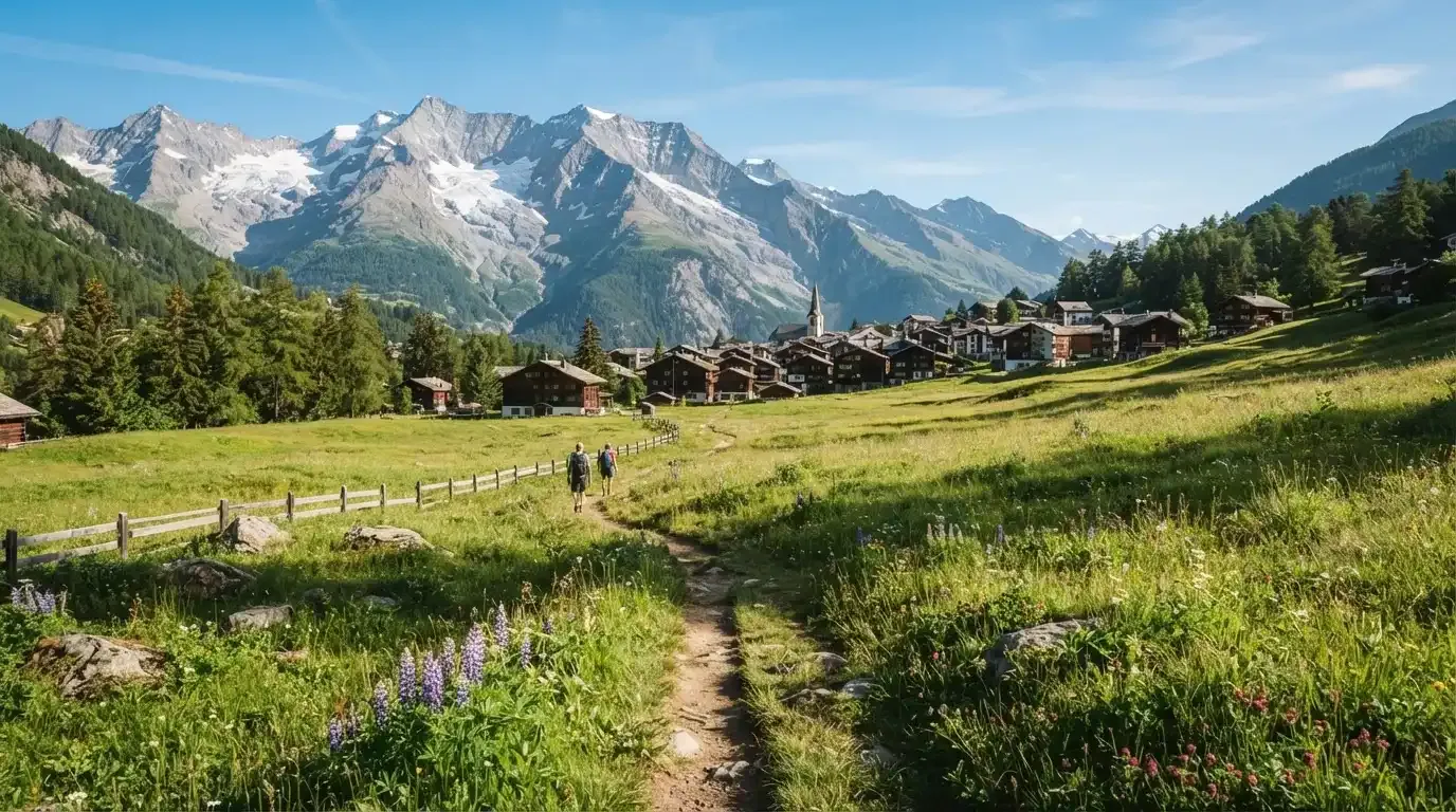 Ein Wanderweg führt durch eine Almwiese zu einem Bergdorf, in der Ferne liegt Schnee auf den Gipfeln.