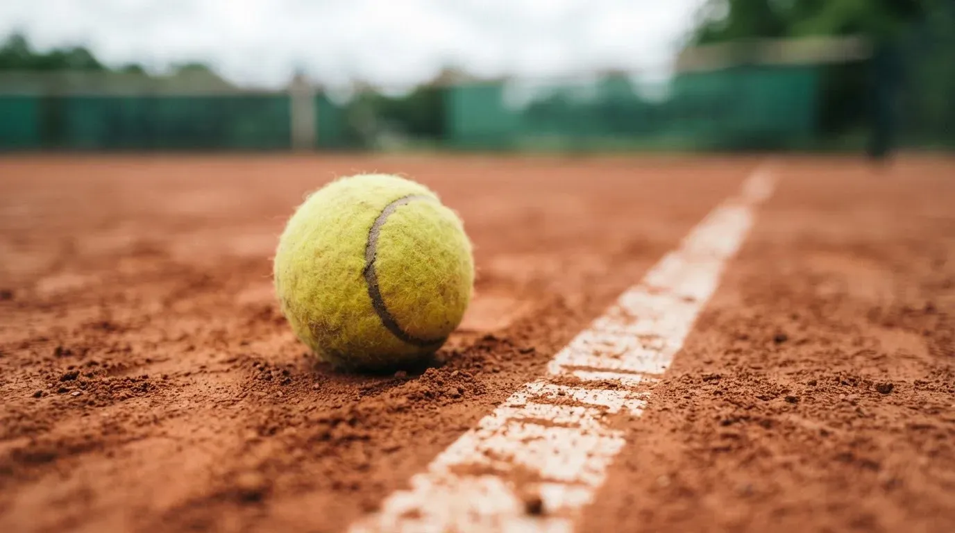 Ein Tennisball liegt auf rotem Sand neben einer verblassten Linie, das Licht ist weich.