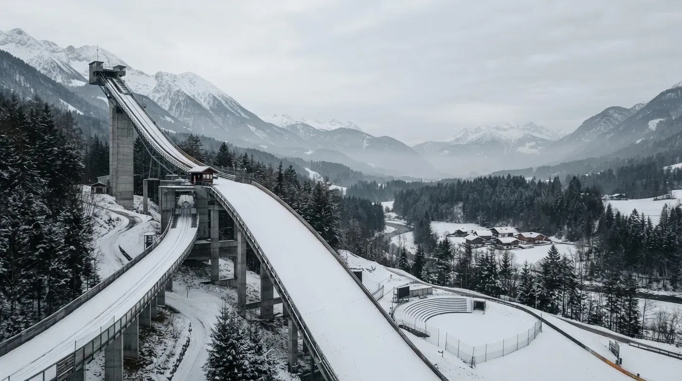 Eine verschneite Skisprungschanze erhebt sich unter grauem Himmel über einem stillen Tal.
