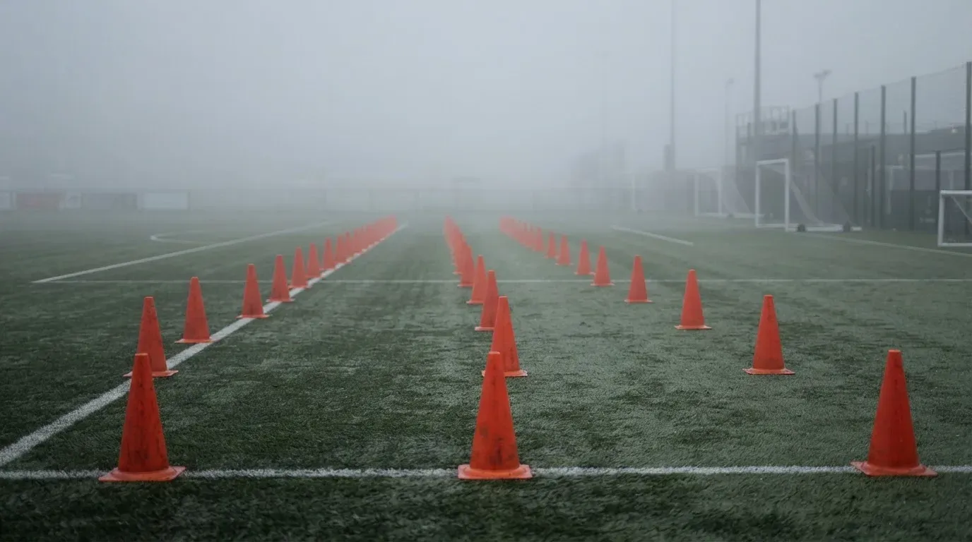 Orange Pylonen stehen auf einem Trainingsplatz im Nebel, die Ränder des Platzes verschwimmen im Dunst.