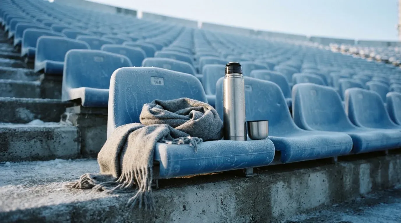 Ein grauer Wollschal und eine Thermoskanne liegen auf einem Sitz im winterlichen Stadion, Raureif liegt auf den Stufen.