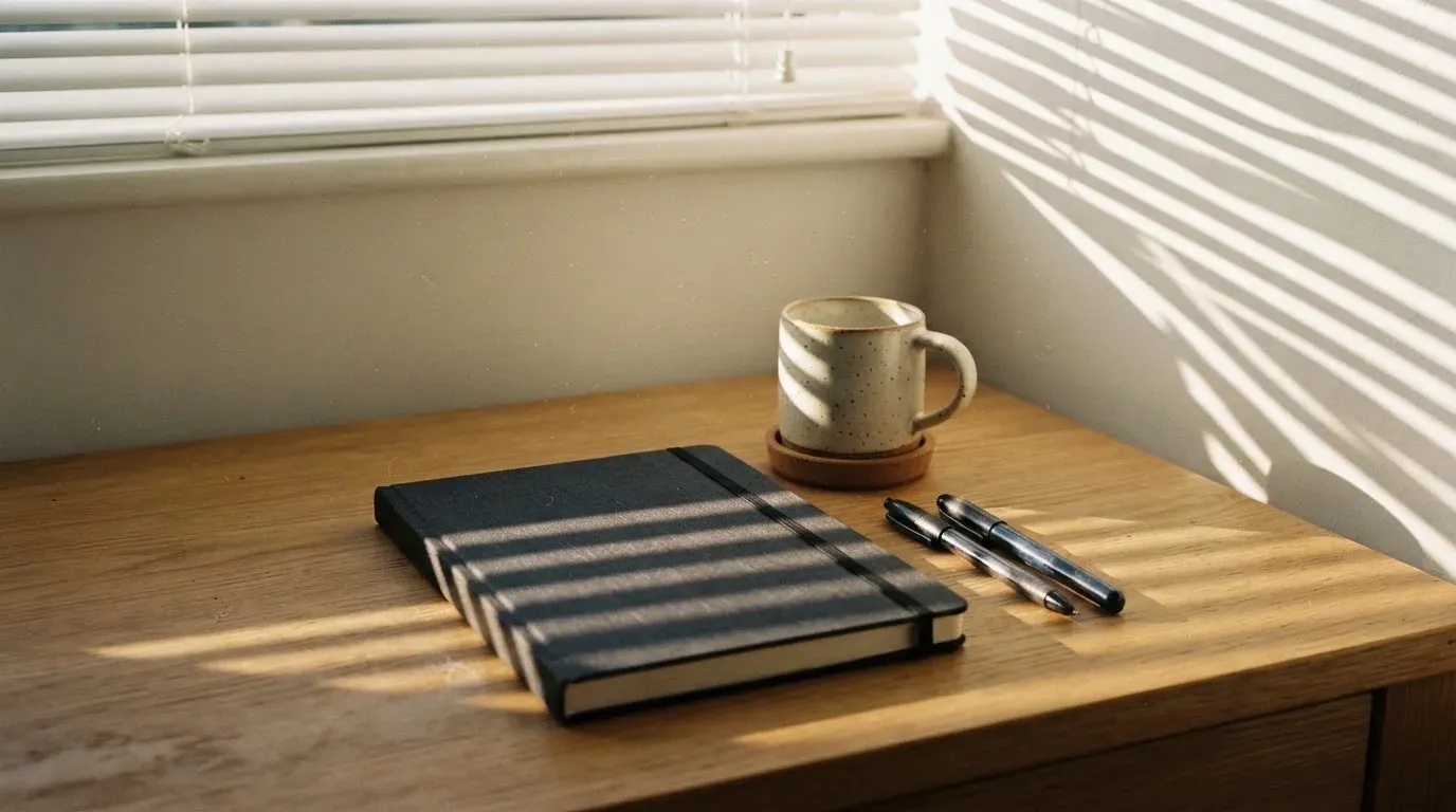 Streifen von Sonnenlicht fallen durch eine Jalousie auf einen Schreibtisch mit Stiften.