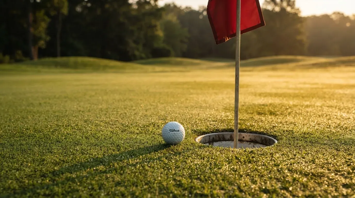 Ein Golfgrün liegt am frühen Morgen im Tau, ein Ball liegt nahe dem Loch.
