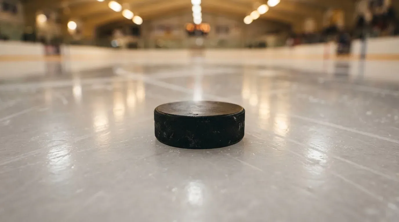 Ein Eishockeypuck liegt in Grossaufnahme auf glatter Eisfläche, im Eis spiegeln sich Hallenlichter.