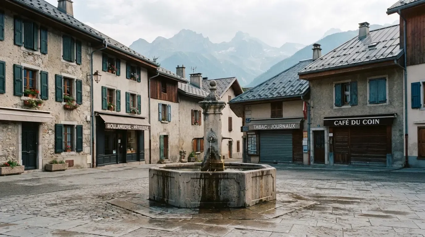 Ein Dorfplatz mit steinernem Brunnen liegt am Vormittag still da, die Läden ringsum sind noch geschlossen.