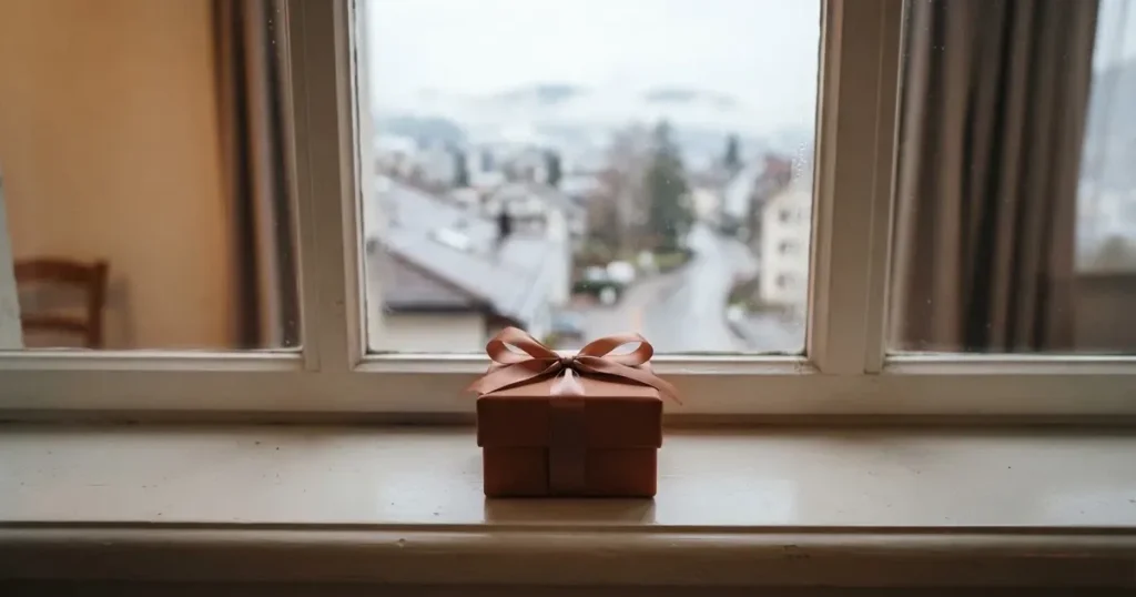 Eine kleine Schachtel mit Schleife steht auf einem Fensterbrett, dahinter ein grauer Wintertag.